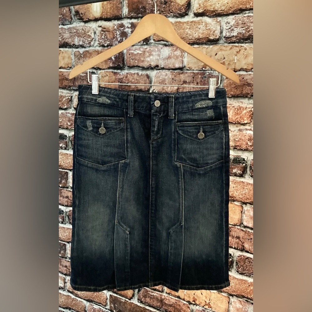 PAIGE Denim Bronson Jean Skirt Distressed Rocker Flap Pockets Medium Wash Sz 27